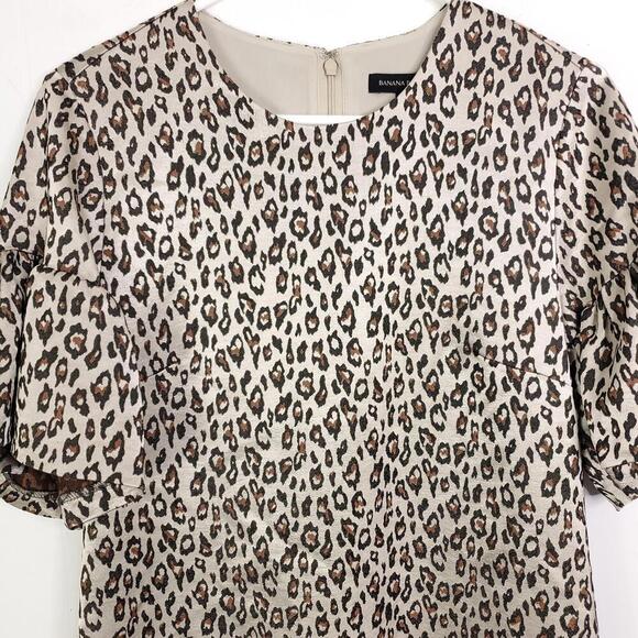 Banana Republic Dress Womens Size 8 Puff Sleeve Leopard Exotic Animal Sheath - Picture 2 of 9